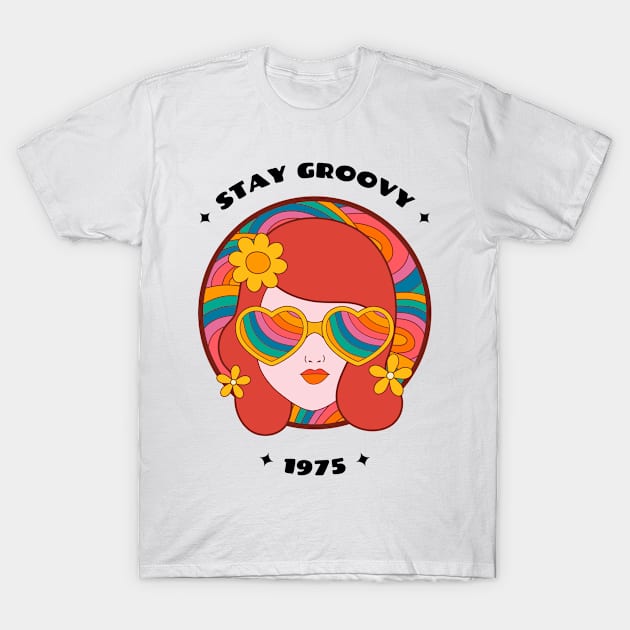 Retro STAY GROOVY 1975 with girl wearing love heart sunglasses and flowers in her hair T-Shirt by keeplooping